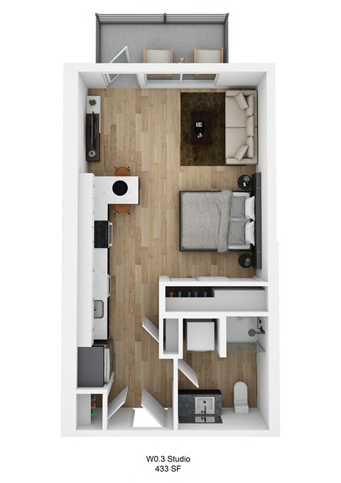 Floor plan for studio, 1 bath, 433 sqft
