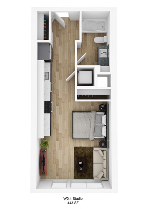 Floor plan for studio, 1 bath, 444 sqft