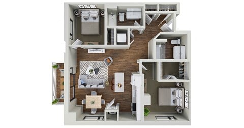 Floor plan for 2 beds, 2 baths, 1019 sqft