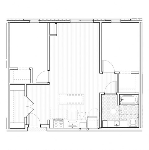 Floor plan for 2 beds, 1 bath, 895 sqft