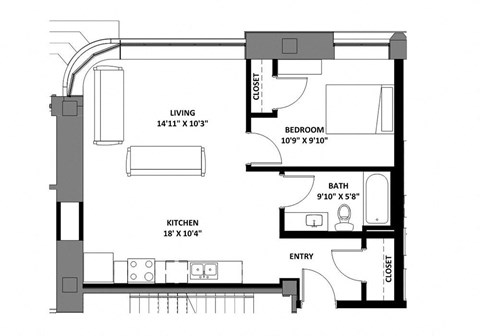 Floor plan for 1 bed, 1 bath, 595 sqft