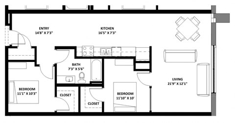 Floor plan for 2 beds, 1 bath, 960 sqft