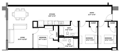 Floor plan for 3 beds, 2 baths, 1048 sqft