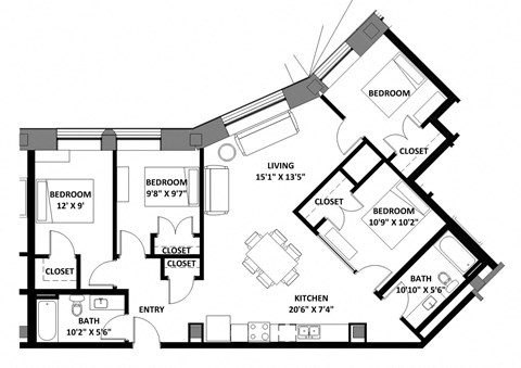 Floor plan for 4 beds, 2 baths, 1220 sqft
