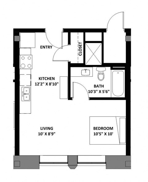 Floor plan for studio, 1 bath, 377 sqft