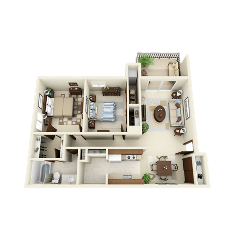 Floor plan for 2 beds, 1 bath, 960 sqft