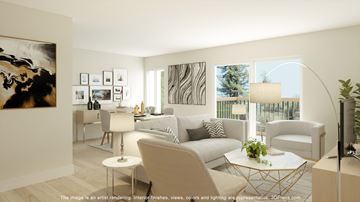 Southfield apartment for rent - A living room with a white couch, a coffee table, and a large painting on the wall.