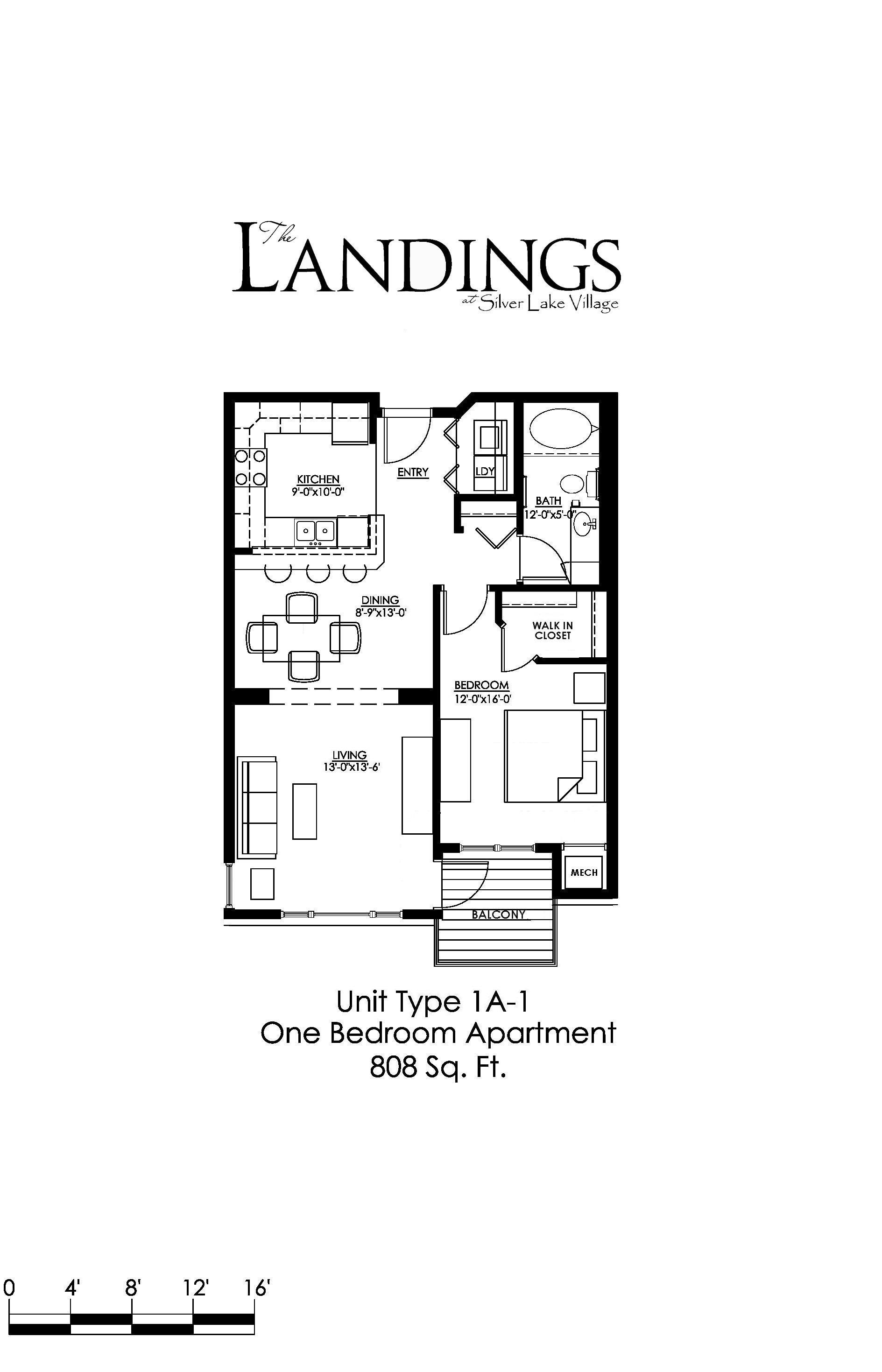 Floor plan for 1 bed, 1 bath, 808 sqft
