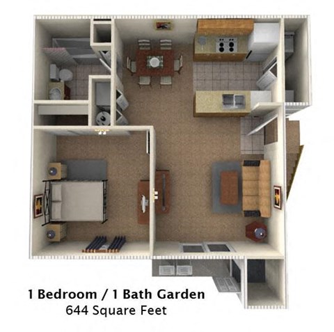 Floor plan for 1 bed, 1 bath, 644 sqft
