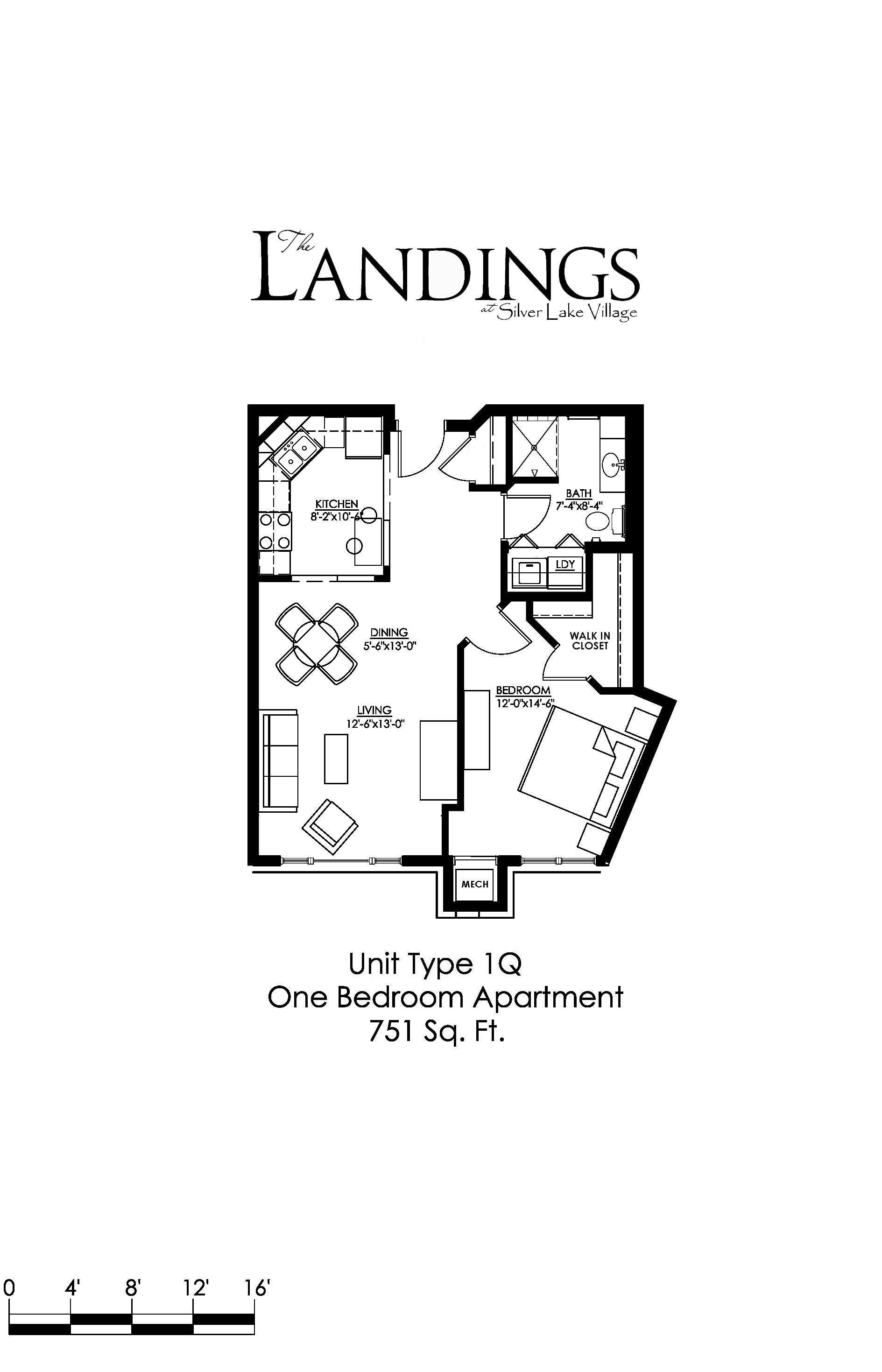 Floor plan for 1 bed, 1 bath, 751 sqft