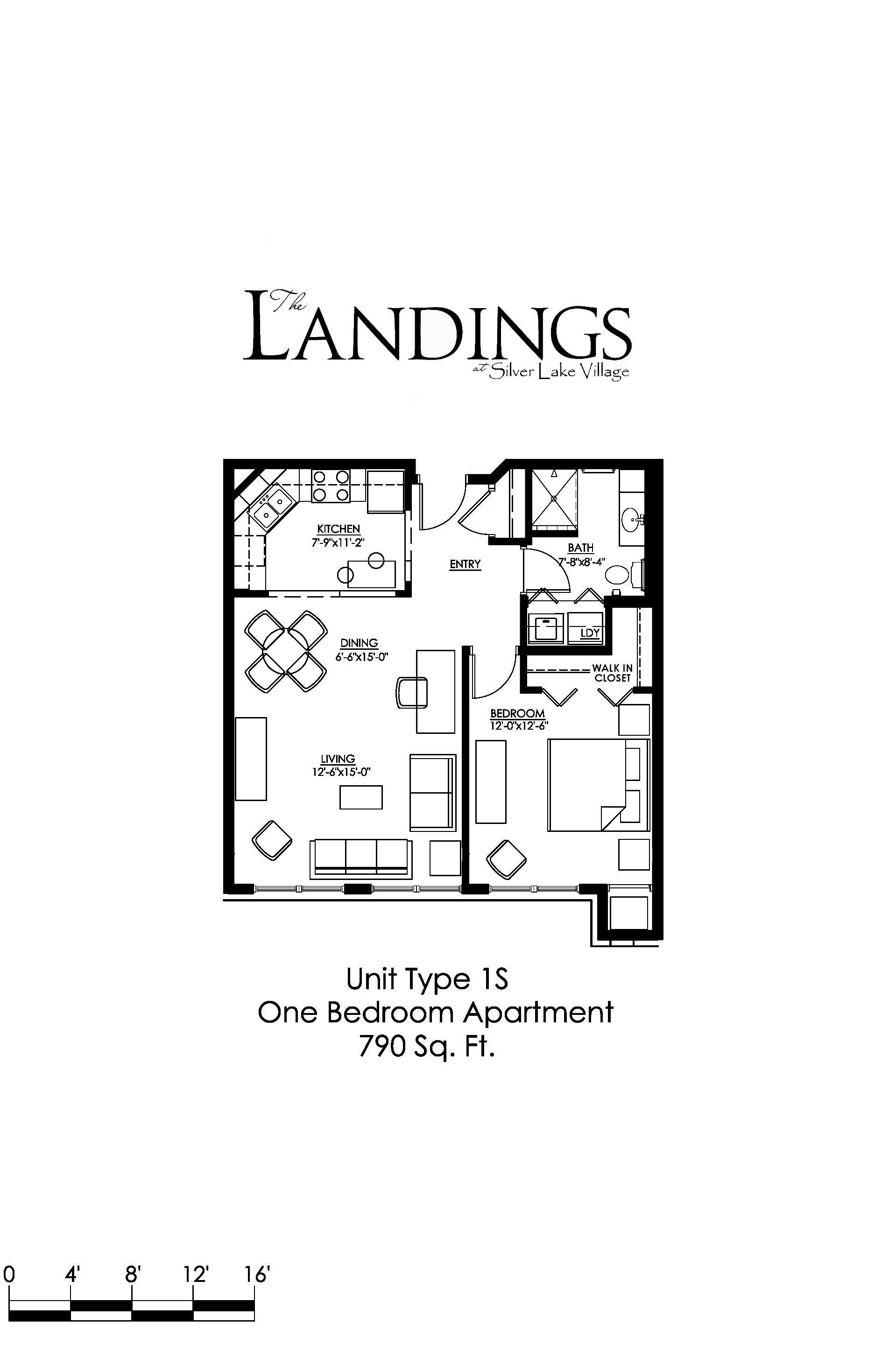 Floor plan for 1 bed, 1 bath, 790 sqft