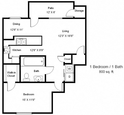 Floor plan for 1 bed, 1 bath, 800 sqft