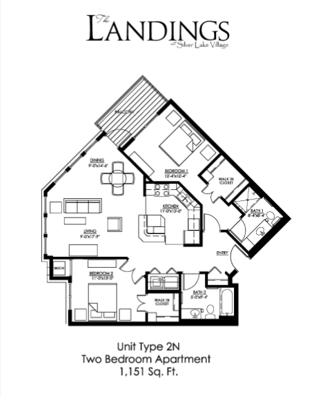 Floor plan for 2 beds, 2 baths, 1151 sqft