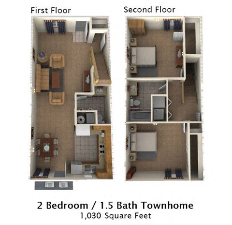 Floor plan for 2 beds, 1.5 baths, 1030 sqft