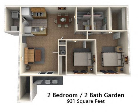 Floor plan for 2 beds, 2 baths, 931 sqft