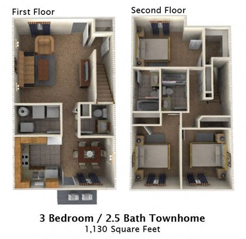 Floor plan for 3 beds, 2.5 baths, 1130 sqft