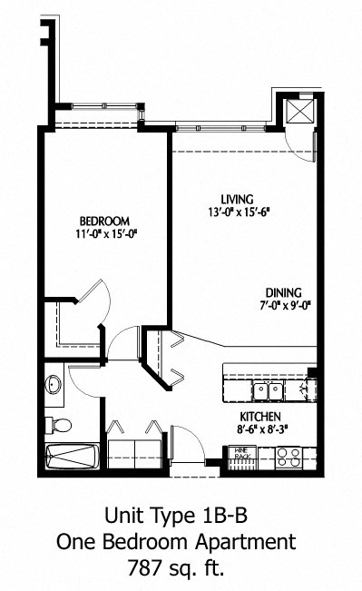 Floor plan for 1 bed, 1 bath, 905 sqft