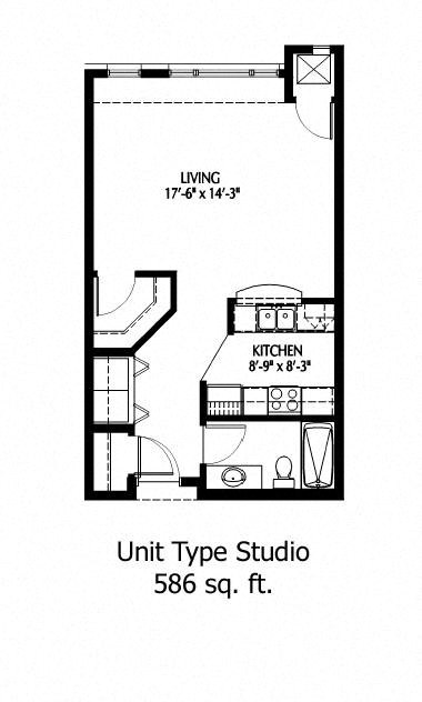 Floor plan for studio, 1 bath, 586 sqft