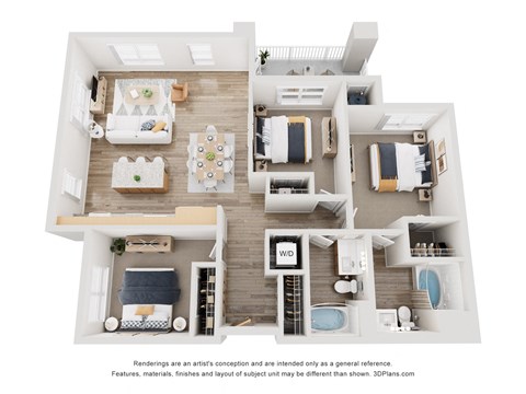 Floor plan for 3 beds, 2 baths, 1156 sqft