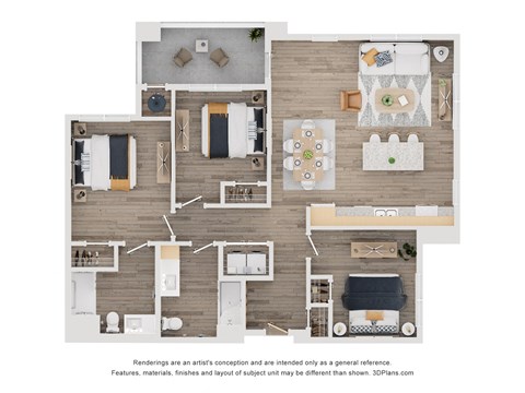 Floor plan for 3 beds, 2 baths, 1156 sqft