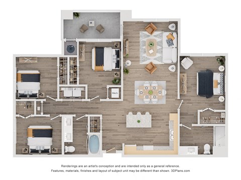 Floor plan for 4 beds, 2 baths, 1333 sqft