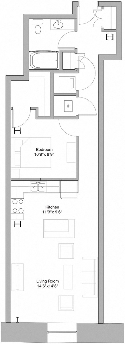 Floor plan for 1 bed, 1 bath, 773 sqft