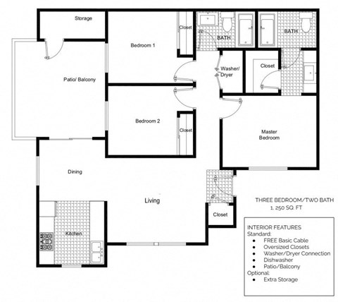 Floor plan for 3 beds, 2 baths, 1250 sqft