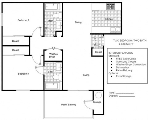 Floor plan for 2 beds, 2 baths, 1000 sqft
