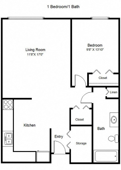 Floor plan for 1 bed, 1 bath, 556 sqft