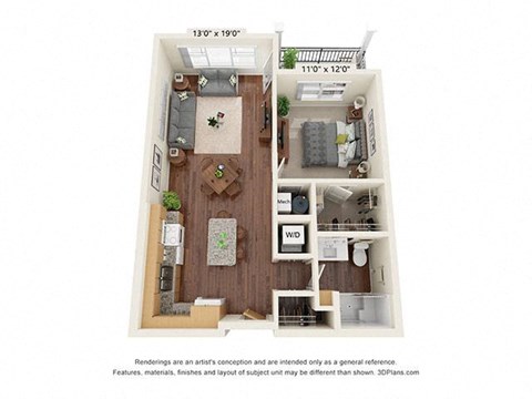 Floor plan for 1 bed, 1 bath, 700 sqft