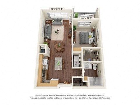 Floor plan for 1 bed, 1 bath, 700 sqft