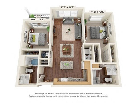 Floor plan for 2 beds, 2 baths, 933 sqft