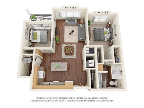 Floor plan for 2 beds, 1.5 baths, 916 sqft