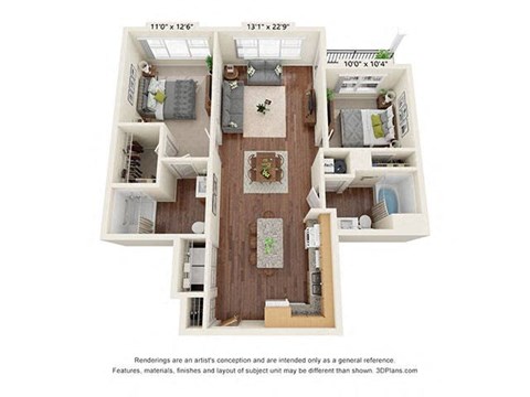 Floor plan for 2 beds, 2 baths, 979 sqft