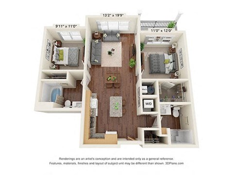 Floor plan for 2 beds, 1.5 baths, 1002 sqft