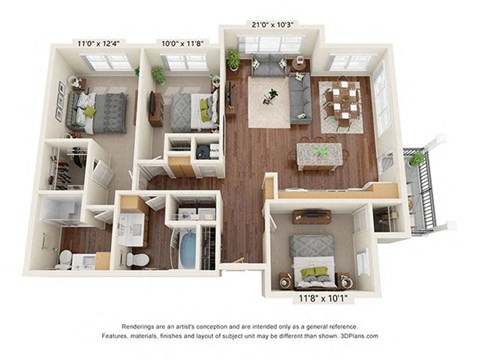 Floor plan for 3 beds, 2 baths, 1235 sqft