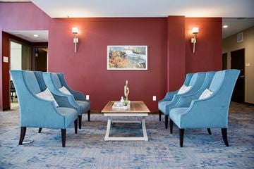 Champlin apartment for rent - a living room with blue chairs and a table