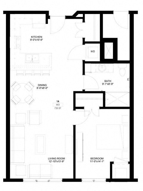 Floor plan for 1 bed, 1 bath, 736 sqft