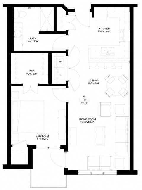Floor plan for 1 bed, 1 bath, 753 sqft