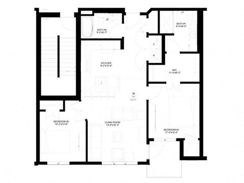 Floor plan for 2 beds, 2 baths, 940 sqft