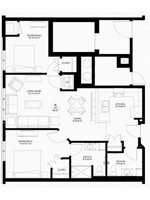 Floor plan for 2 beds, 2 baths, 945 sqft