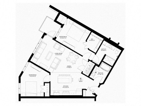 Floor plan for 2 beds, 2 baths, 1055 sqft