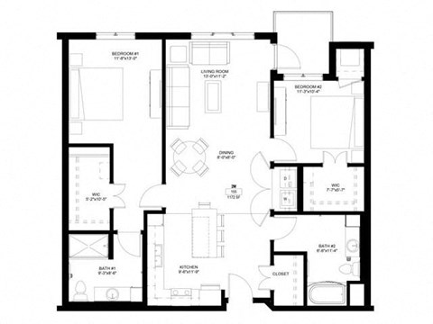 Floor plan for 2 beds, 2 baths, 1172 sqft