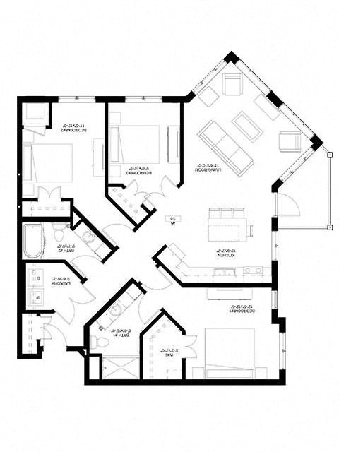Floor plan for 3 beds, 2 baths, 1244 sqft