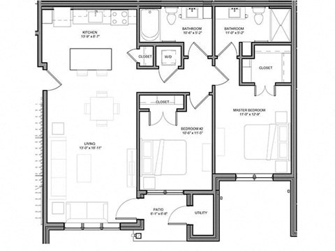 Floor plan for 2 beds, 2 baths, 1042 sqft
