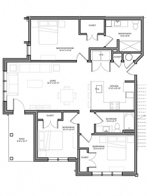 Floor plan for 3 beds, 2 baths, 1240 sqft