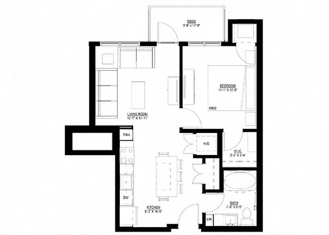 Floor plan for 1 bed, 1 bath, 670 sqft