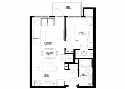 Floor plan for 1 bed, 1 bath, 726 sqft