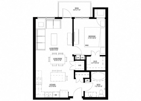 Floor plan for 1 bed, 1 bath, 663 sqft