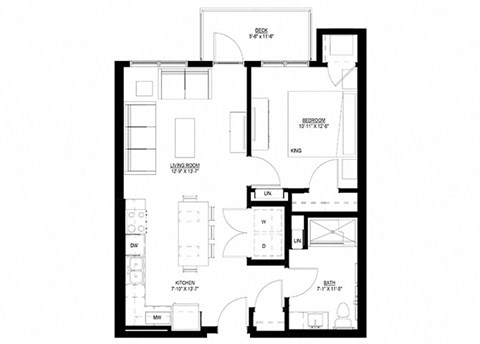 Floor plan for 1 bed, 1 bath, 723 sqft